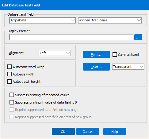 This image shows the Edit Database Text Field dialog.  Numerous options for configuring the text field are available.